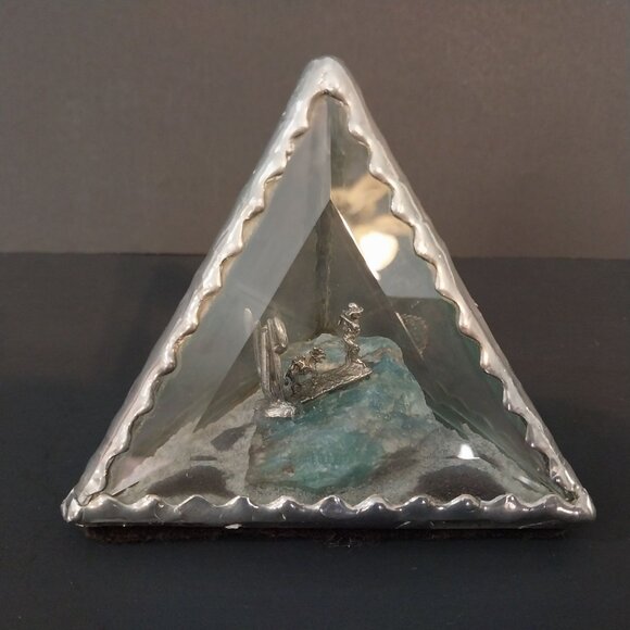 Beveled Glass And Pewter Pyramid Shaped Diorama Gold Miner Cactus Mule Burro - Picture 4 of 8